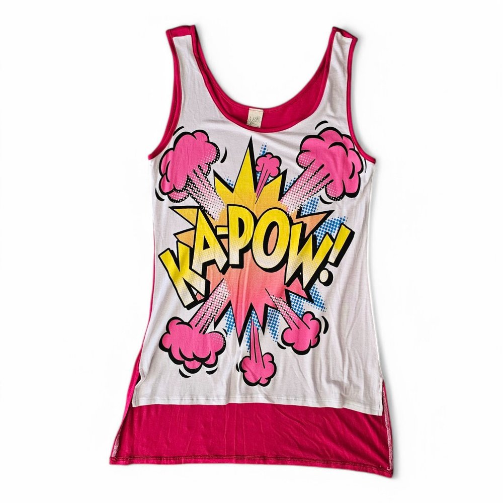 Women’s Graphic Tank Top – "KAPOW!" Comic Book Style – White & Pink Fun Pop Art